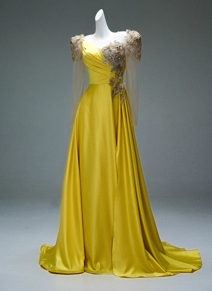 Chic Illusion Neck A-Line Long Sleeve Evening Gowns Vibrant Yellow Sequins Beading Prom Dress AP3882