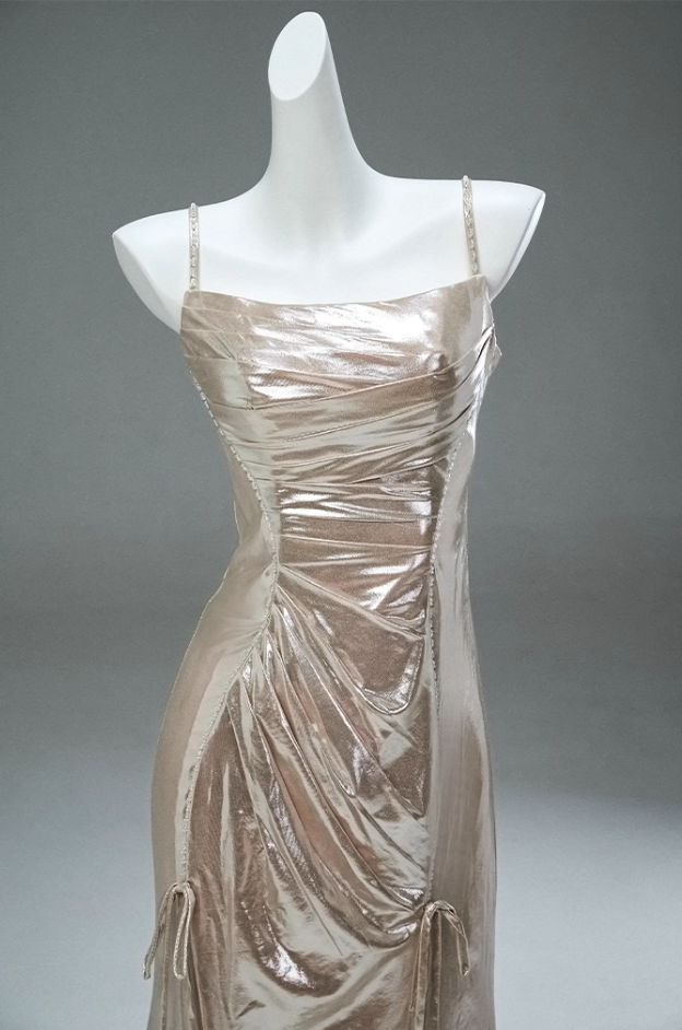 Sweet Sheath Spaghetti Strap Evening Dress Sheen Beading Bows Pleated Prom Dress AP3890