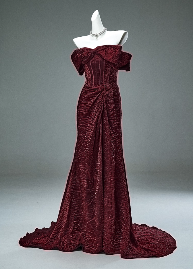 Dreamy Off-Shoulder Sheath Red Evening Gowns Alluring Gathered Slit Prom Dress AP3893