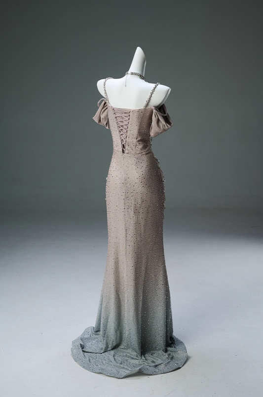 French Style Off-Shoulder Sheath Evening Gowns Sparkly Beading Rhinestones Ombre Prom Dress AP3904