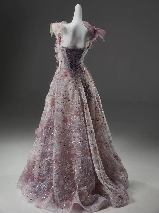 Stylish A-Line Spaghetti Strap Evening Dresses Sweet 3D Appliques Sequins Prom Dress AP3915