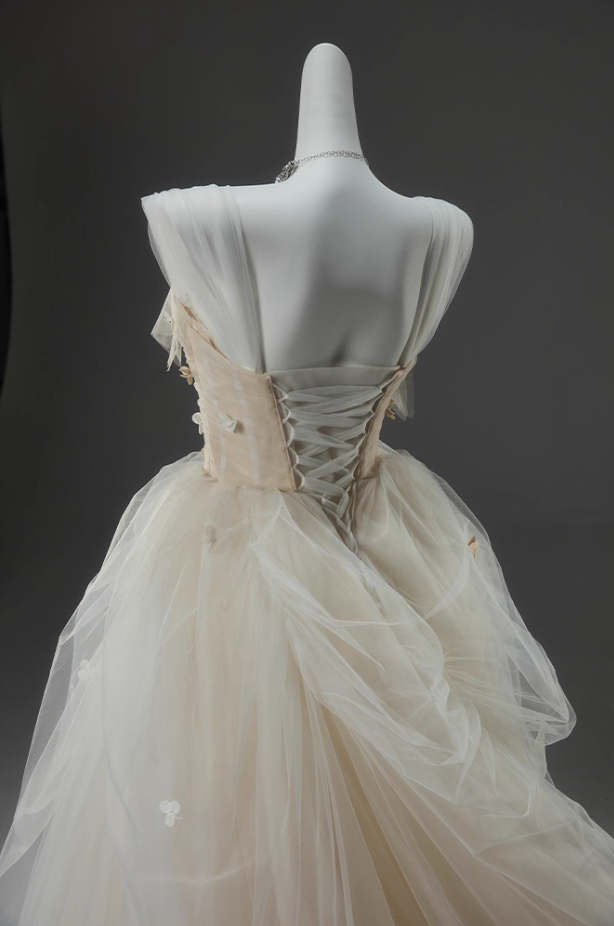 Fitted A-Line Spaghetti Strap Evening Dresses Adorable Appliques Beads Tulle Prom Dress AP3916