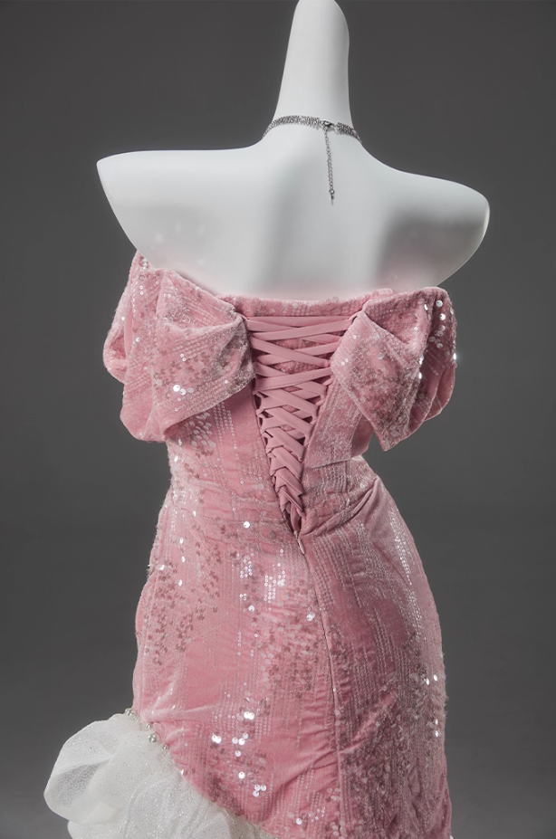 Flattering Off-Shoulder Sheath Velvet Birthday Dress Pink Sequins Beads Ruffles Tulle Homecoming Dress AP3917