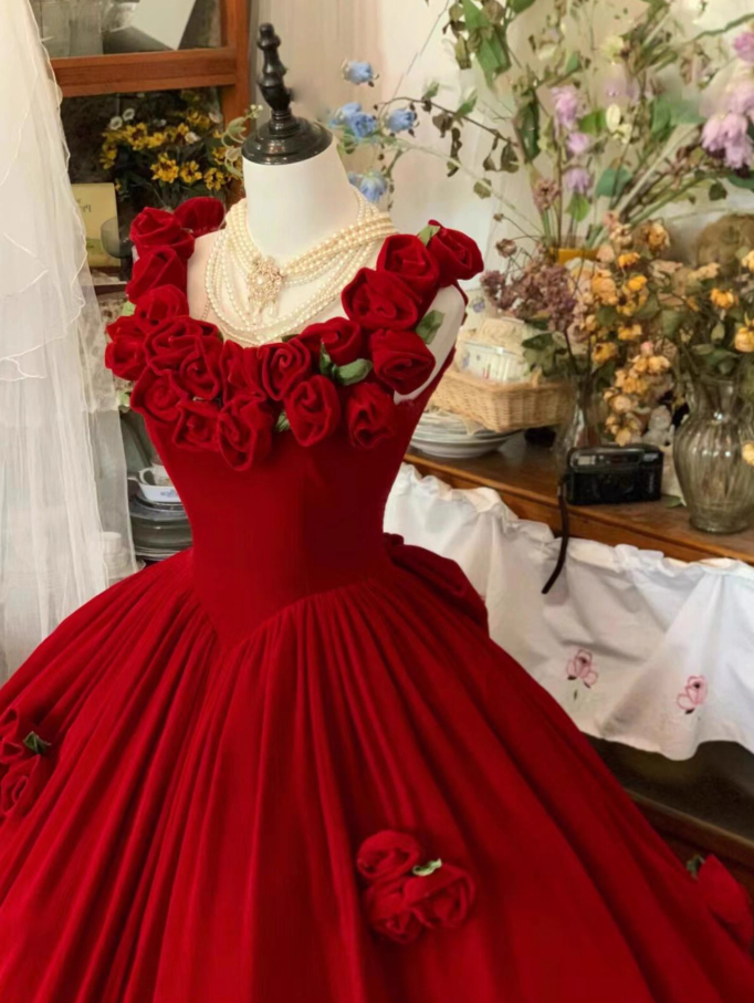 Modern A-Line Spaghetti Strap Evening Dresses Charming Handmade Flowers Bow Red Prom Dress AP3923