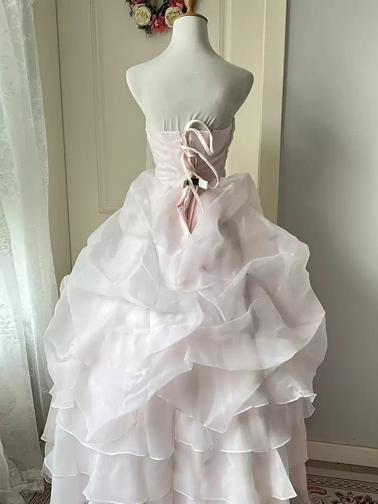 Princess A-Line Strapless Sweet 16th Dresses Sweet Beading Embroidery Bow Tiered Tulle Prom Dress AP3924