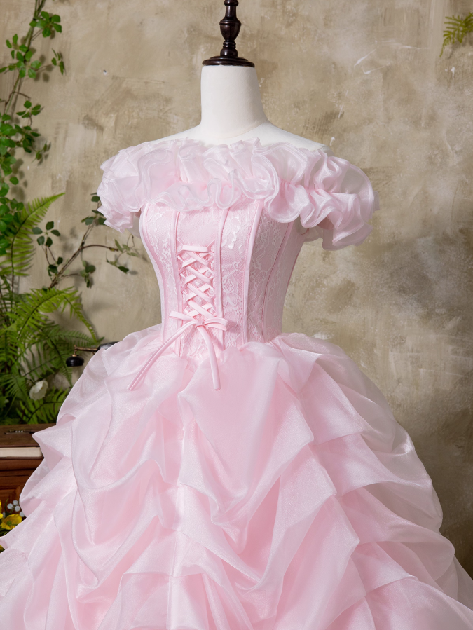 Gen Z Style Off-Shoulder A-Line Sweet 16th Dresses Adorable Lace Ruffles Tulle Prom Dress AP3928