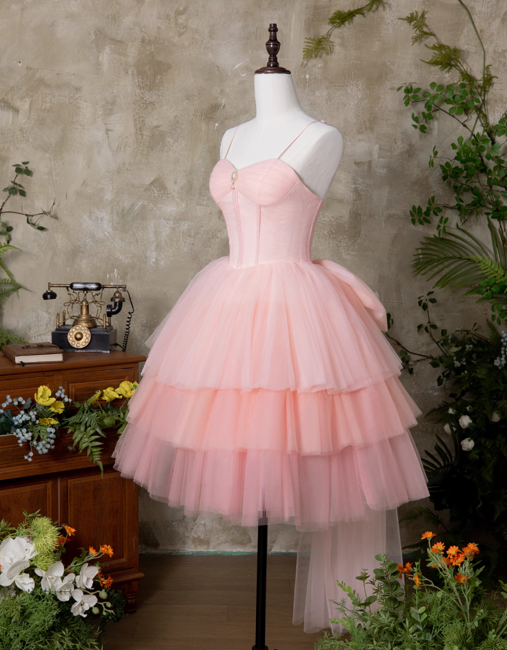 Hottie A-Line Spaghetti Straps Birthday Gowns Adorable Lace Pearl Tiered Tulle Bow Homecoming Dress AP3929