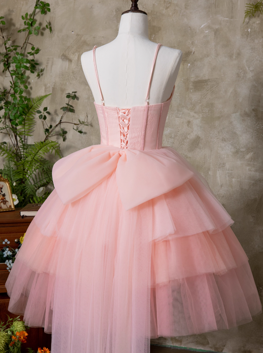 Hottie A-Line Spaghetti Straps Birthday Gowns Adorable Lace Pearl Tiered Tulle Bow Homecoming Dress AP3929