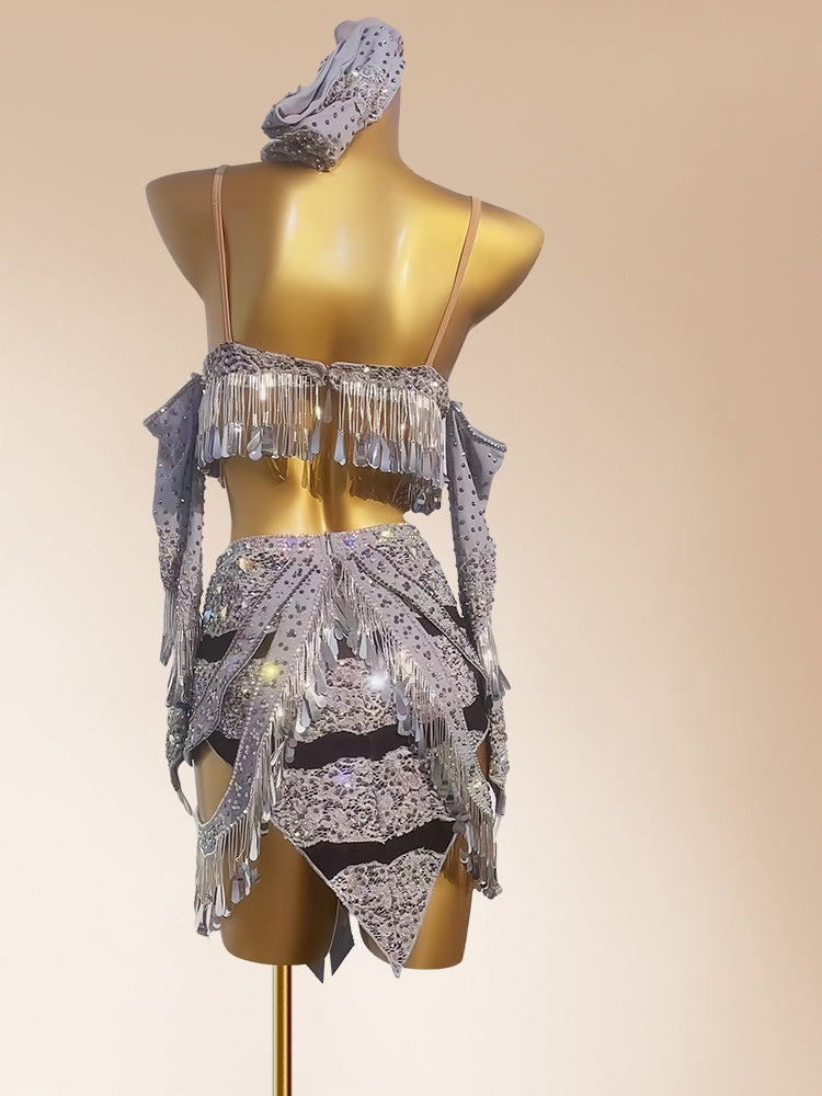 Gorgeous Spaghetti Strap Sheath 2-Piece Set Birthday Gowns Shining Tassel Handmade Flowers Sequins Homecoming Dress AP3966