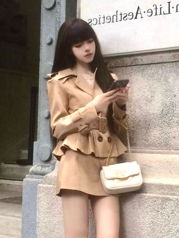 Simple Long Sleeve V Neck Mini Skirt Glam 2-Piece Set Cinched-Waist Sheath Short Dress AP3981