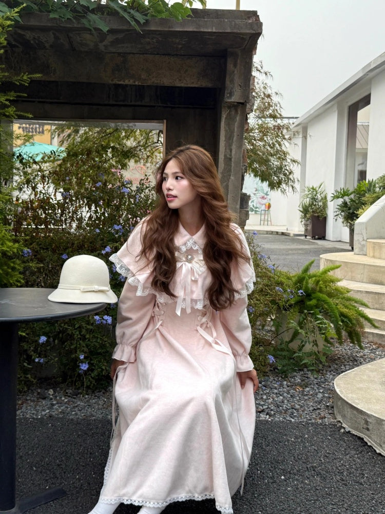 Bling 2-Piece Set A-Line Lace Trim Maxi Dresses Sweet Lapel Bow Long Sleeve Lace-Up Long Dress AP3983