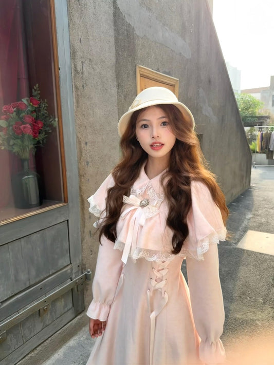 Bling 2-Piece Set A-Line Lace Trim Maxi Dresses Sweet Lapel Bow Long Sleeve Lace-Up Long Dress AP3983