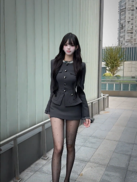 Flattering Long Sleeve Jewel Neck Office Outfit Mini Skirt Sexy 2-Piece Set Sheath Short Dress AP3986