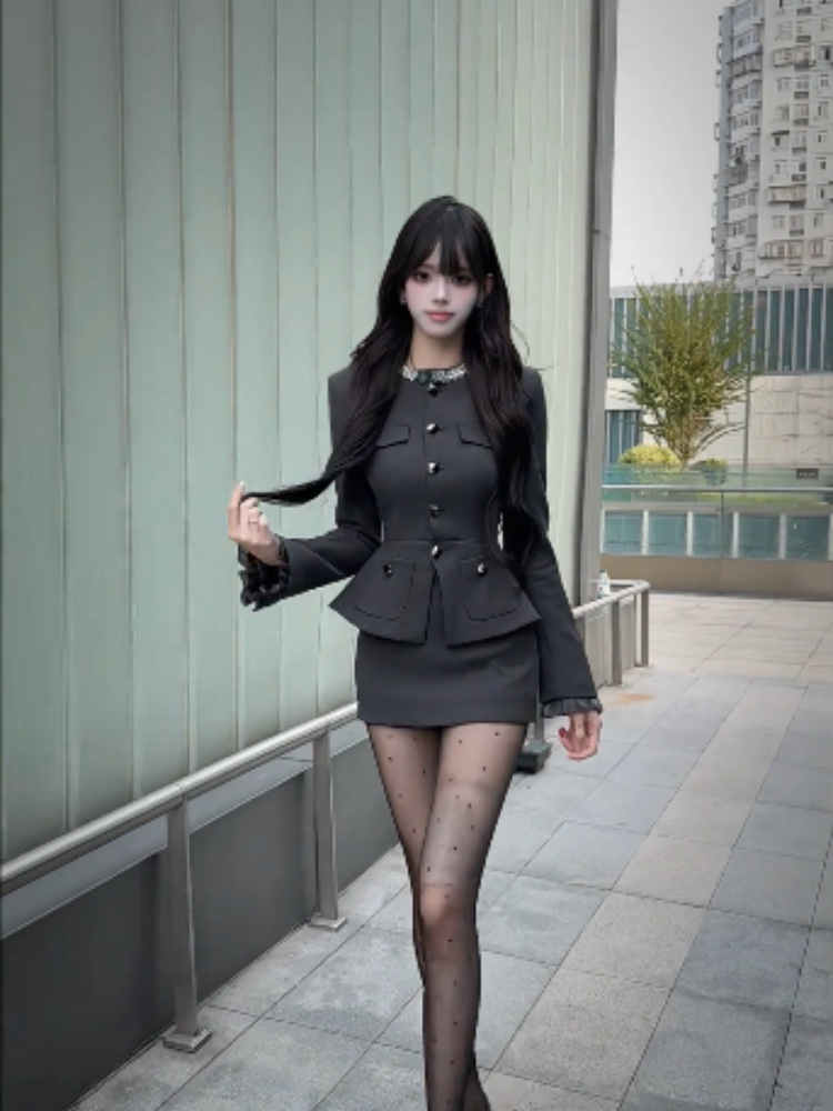 Flattering Long Sleeve Jewel Neck Office Outfit Mini Skirt Sexy 2-Piece Set Sheath Short Dress AP3986