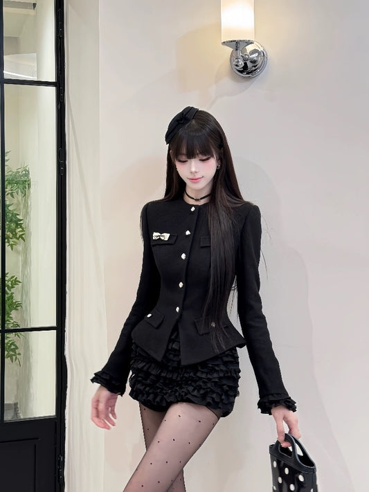 Vogue Long Sleeve Bow Sheath Mini Skirt Black Jewel Neck 2-Piece Set Tiered Short Dress AP3990