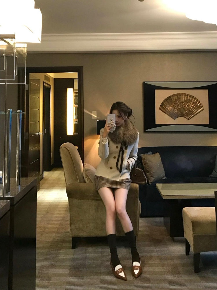 Modern Long Sleeve Sheath Plaid Mini Skirt Vintage V Neck 2-Piece Set Short Dress AP3991