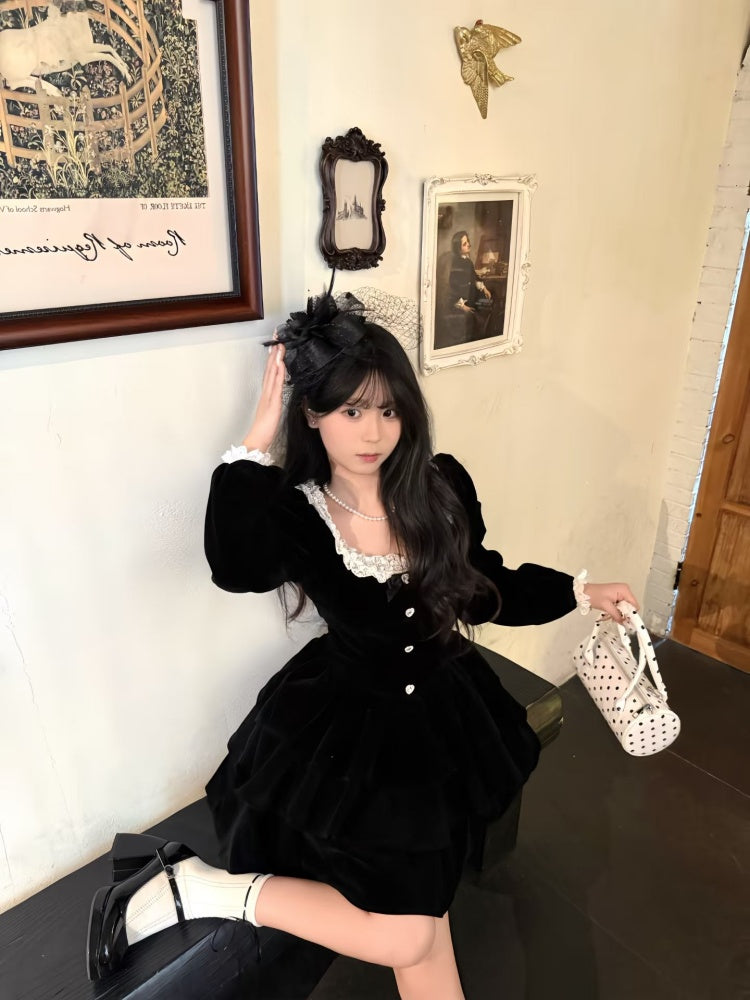 Princess Square Neck Lace Trim Long Sleeve Mini Skirt Black Velvet A-Line Short Dress AP3992