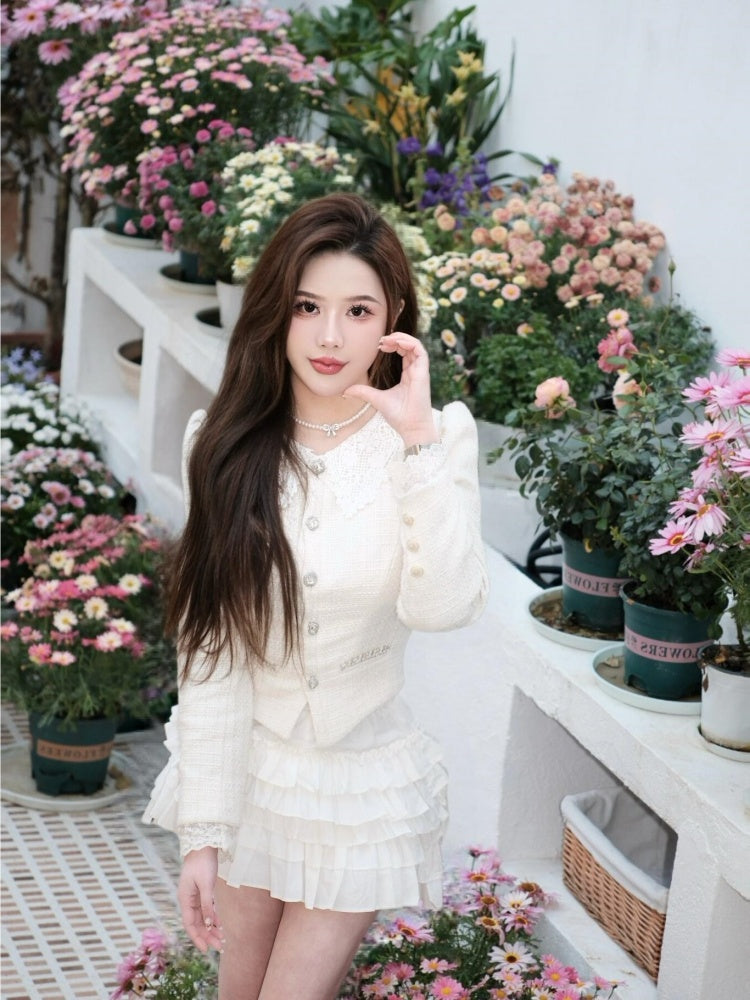 Pretty Jewel Neck Long Sleeve Lace Trim Mini Skirt Graceful 2-Piece Set A-Line Short Dress AP3993