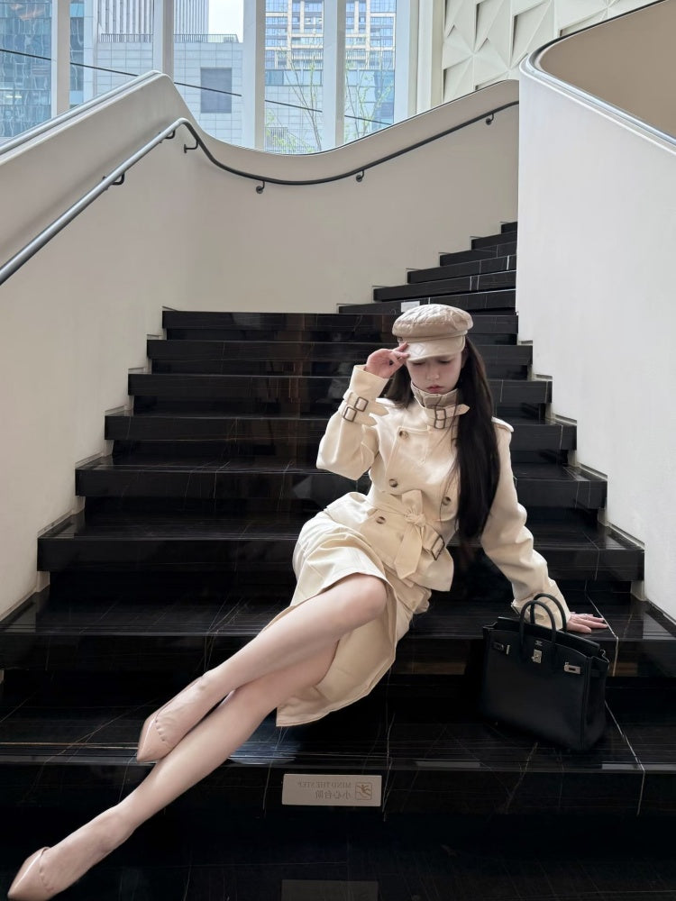 Delicate High Collar 2-Piece Set Slit Midi Dresses Unique Long Sleeve Sheath Long Dress AP3997