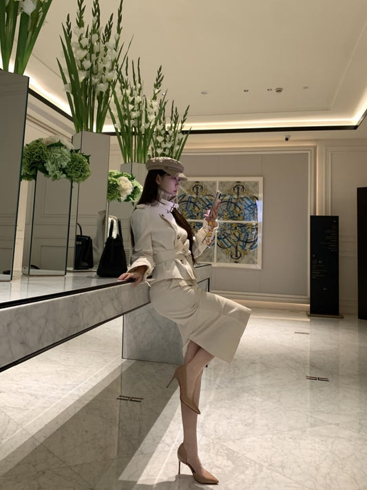 Delicate High Collar 2-Piece Set Slit Midi Dresses Unique Long Sleeve Sheath Long Dress AP3997