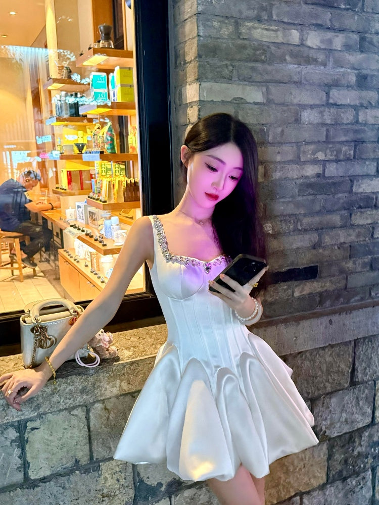 Hot Girls A-Line Beaded Cinched-Waist Mini Skirt Glittering White Satin Spaghetti Strap Short Dress AP3998
