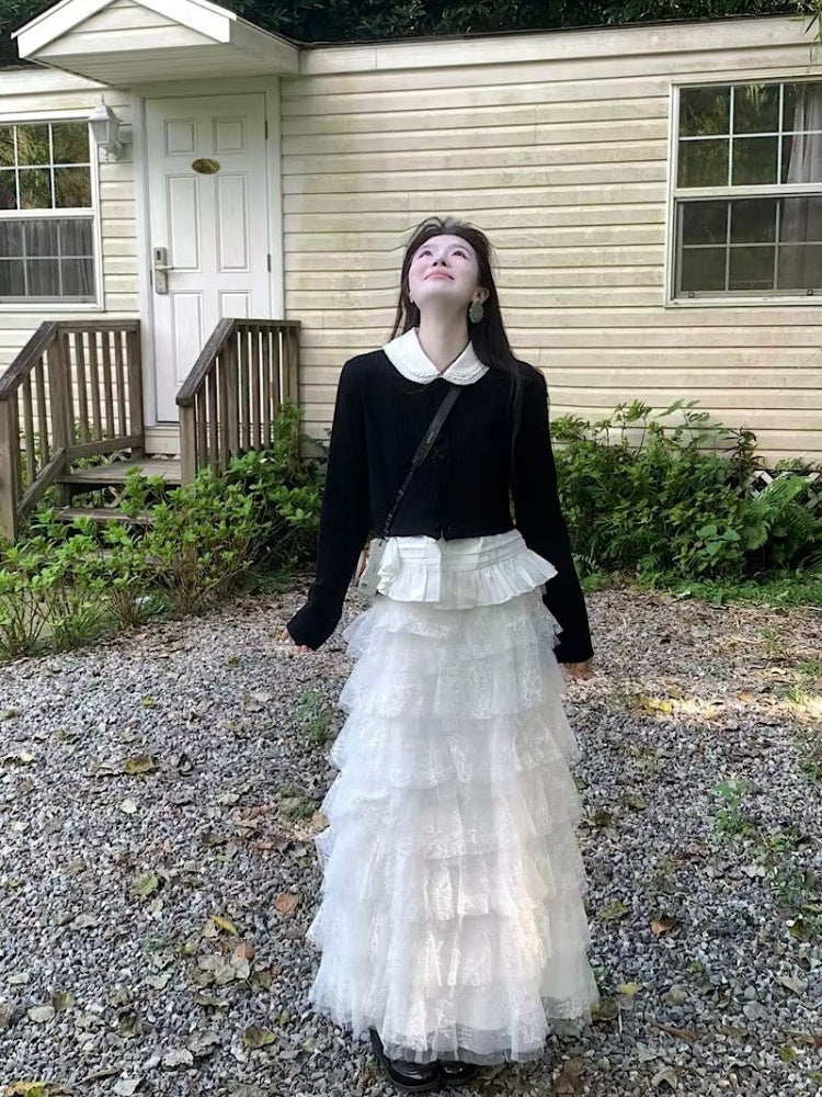 Gen Z Style 3-Piece Set White Tiered Tulle Maxi Dresses Flowy Lapel Neck Long Sleeve Black Cardigan Long Dress AP3999