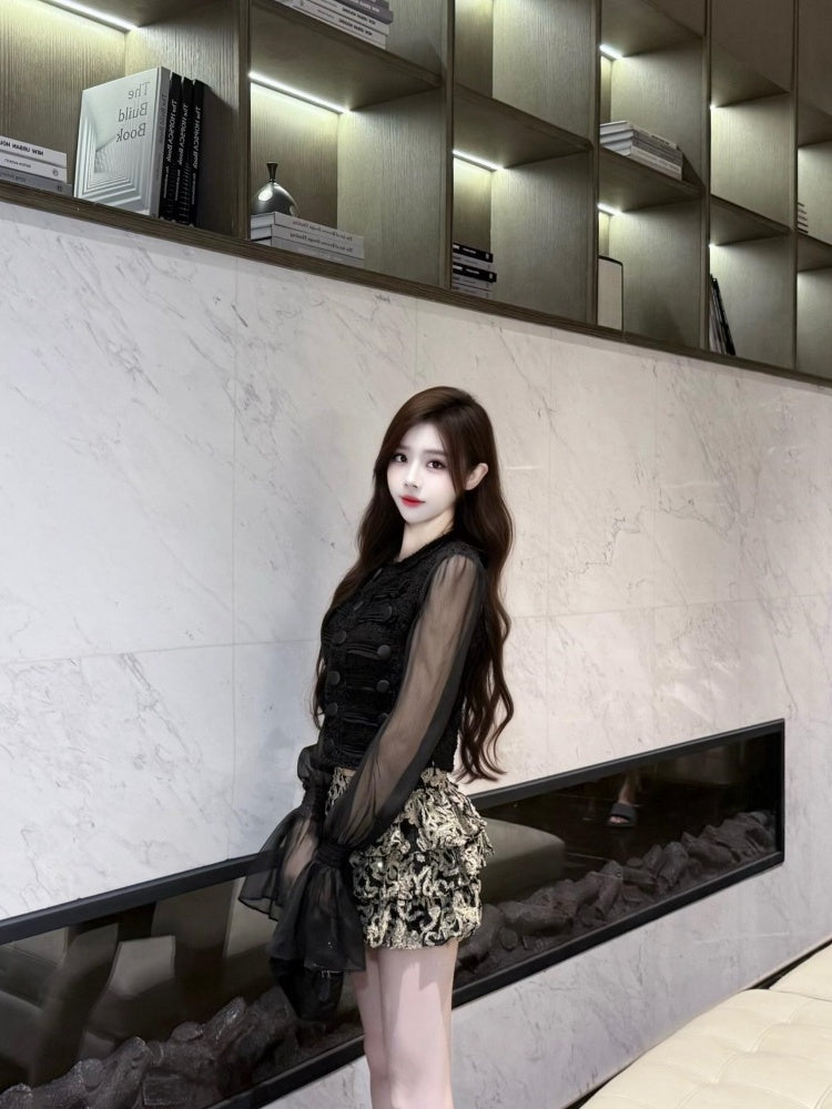 Hottie Jewel Neck Sheer Tulle Long Sleeve Mini Skirt Romantic 2-Piece Set A-Line Floral Short Dress AP4000