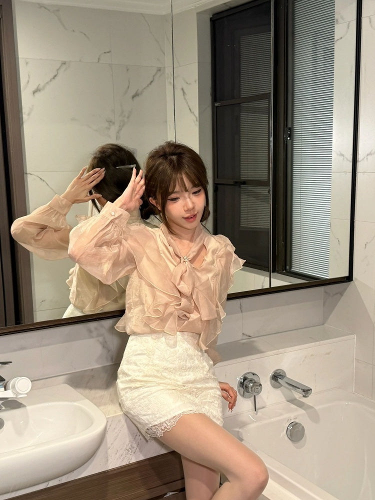 Casual Long Sleeve V Neck Ruffles Mini Skirt Playful Sheath 2-Piece Set Short Dress AP4001