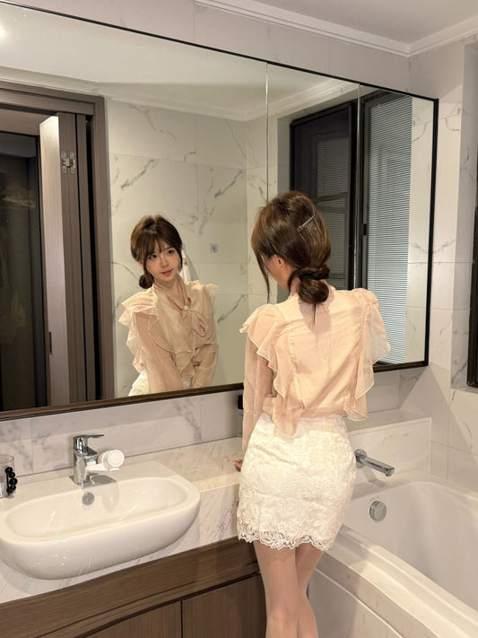 Casual Long Sleeve V Neck Ruffles Mini Skirt Playful Sheath 2-Piece Set Short Dress AP4001