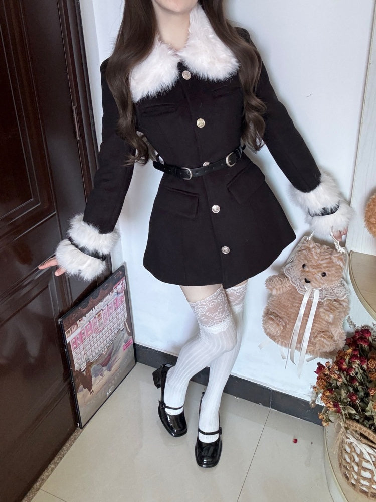 Everyday Wear Cinched-Waist V Neck Long Sleeve Mini Skirt Fur Trim 2-Piece Set A-Line Short Dress AP4005