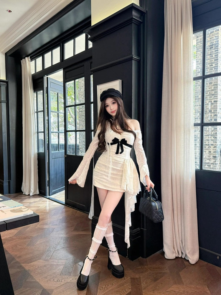 Enchanting Bodycon White Lace Splicing Mini Skirt Novelty Off-Shoulder Bow Long Sleeve Ruffles Short Dress AP4011