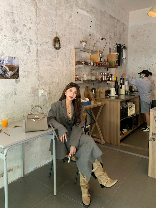 Superb Long Sleeve 3-Piece Set Maxi Dresses With Cardigan Charming V Neck Office Outfit A-Line Long Dress AP4012