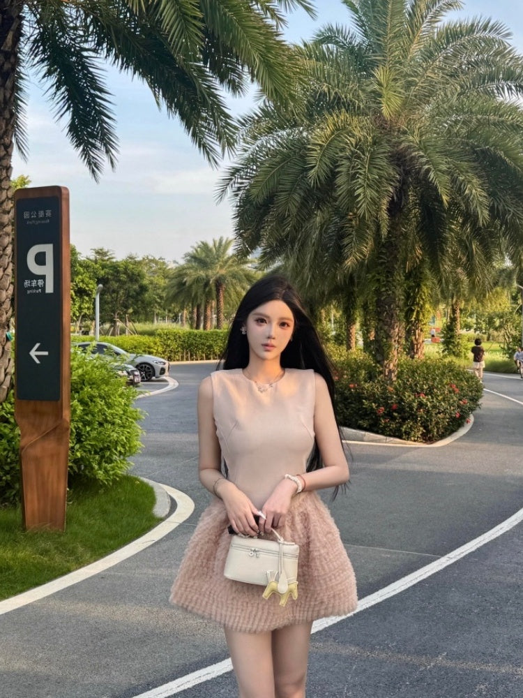 Amazing A-Line Jewel Neck Mini Skirt Cute Ruffles Hem Sleeveless Short Dress AP4014