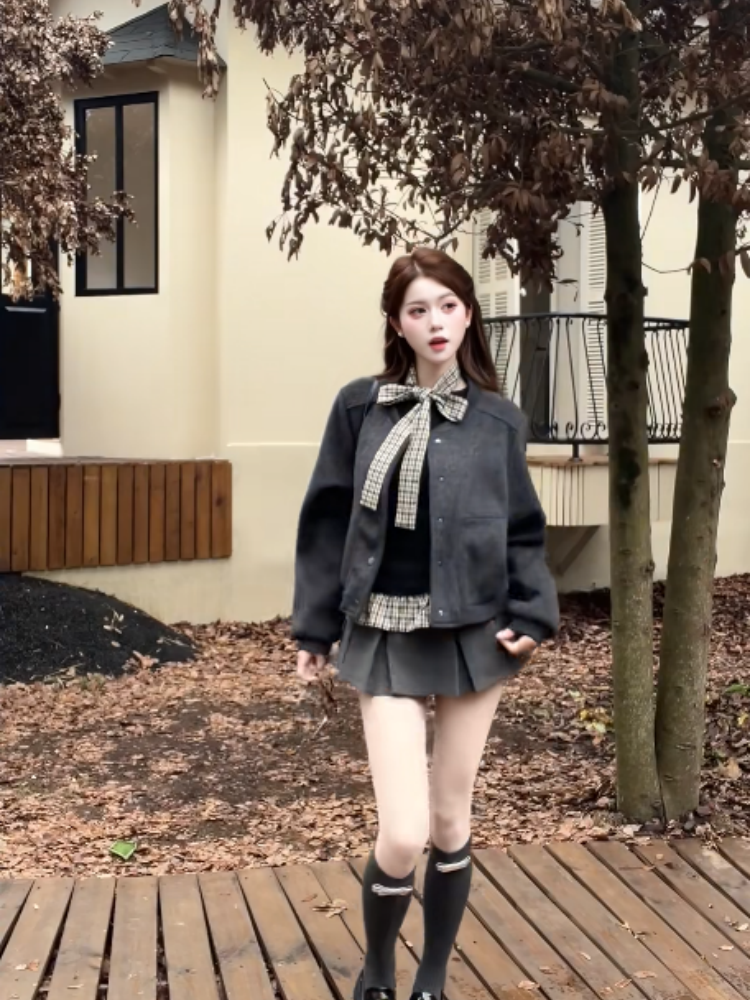 Romantic 2-Piece Set Jewel Neck Loose Fit Mini Skirt Modern Long Sleeve A-Line Short Dress AP4019