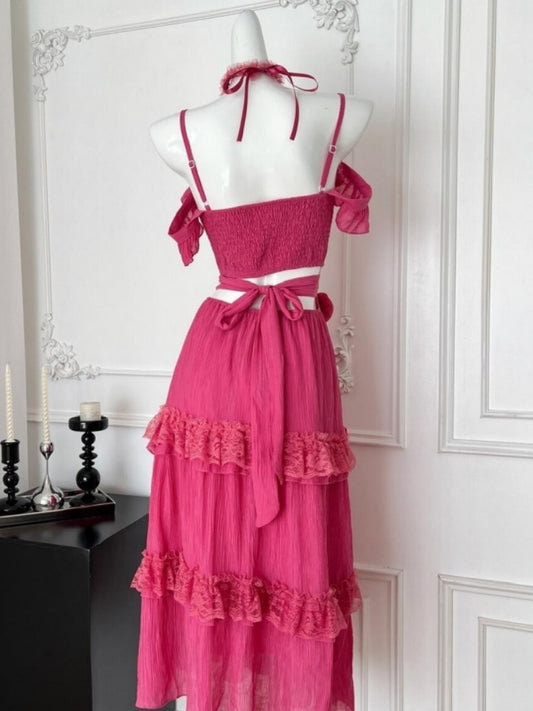 Chic A-Line Lace Trim Tiered Maxi Dress Romantic Beaded Floral Design Spaghetti Straps Ruffles Long Dress AP4022