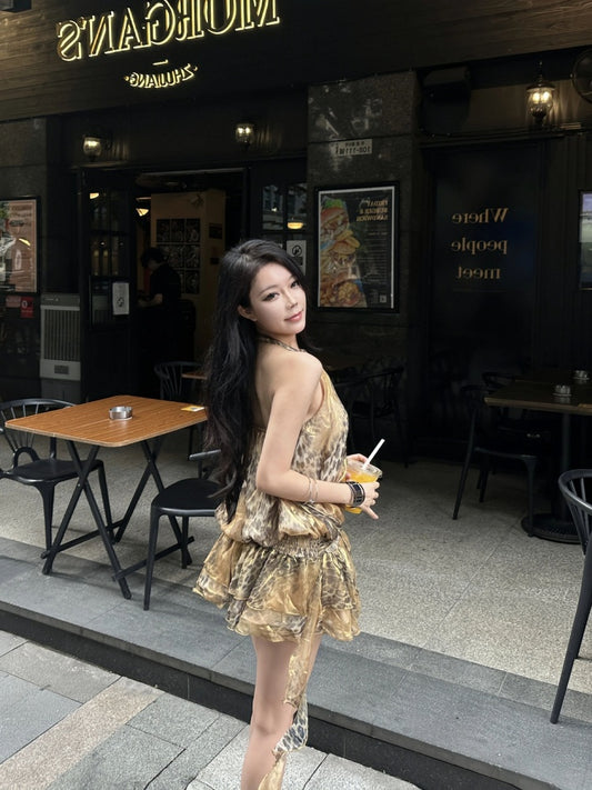 Luxurious Leopard A-Line Backless Mini Skirt Retro Tulle Splicing Cinched-Waist Halter Short Dress AP4023