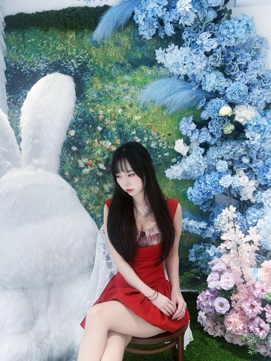 Graceful A-Line Red Cinched-Waist Mini Skirt Refined Spaghetti Strap Sequins Accent Short Dress AP4025