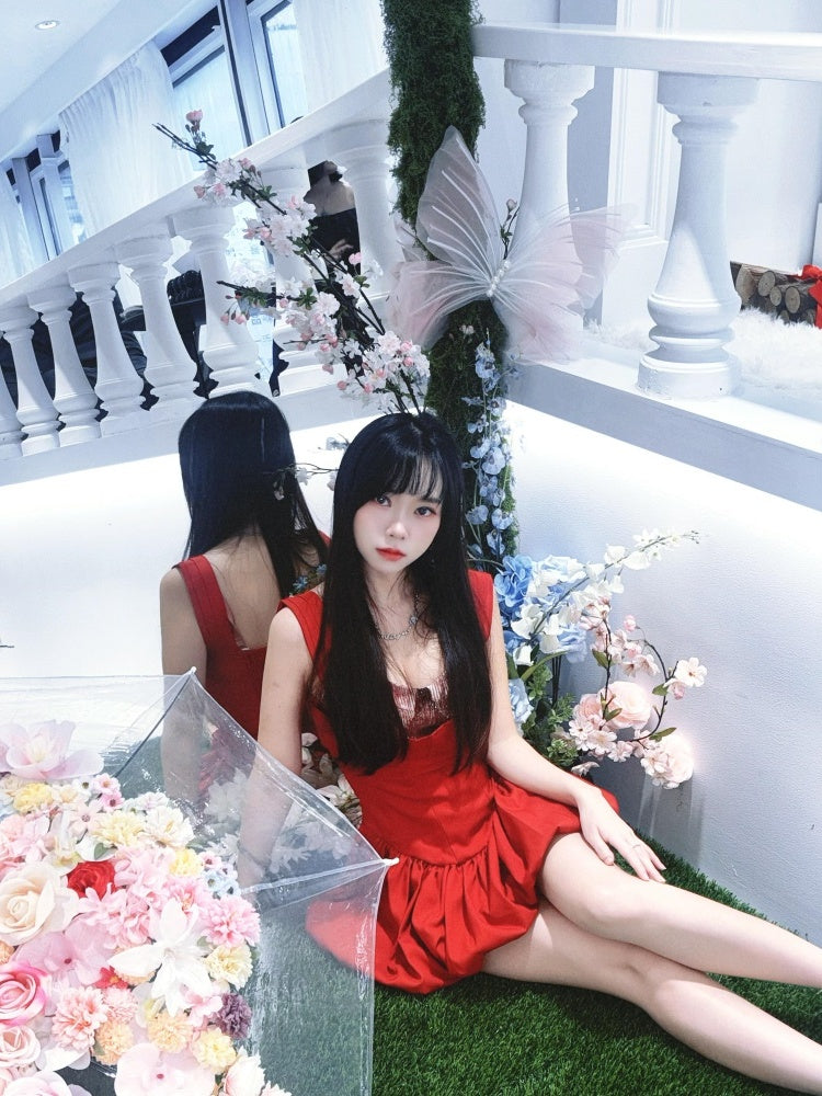 Graceful A-Line Red Cinched-Waist Mini Skirt Refined Spaghetti Strap Sequins Accent Short Dress AP4025