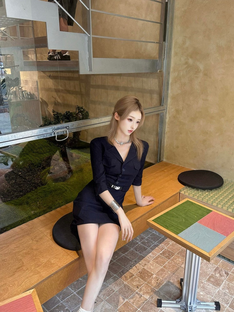 Fantastic Long Sleeve V Neck Mini Skirt Simple Cinched-Waist Sheath Short Dress AP4028