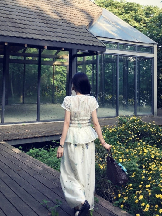 Sweet A-Line V Neck Floral Maxi Dress Rural Photoshoots 2-Piece Set Cinched-Waist Long Dress AP4029