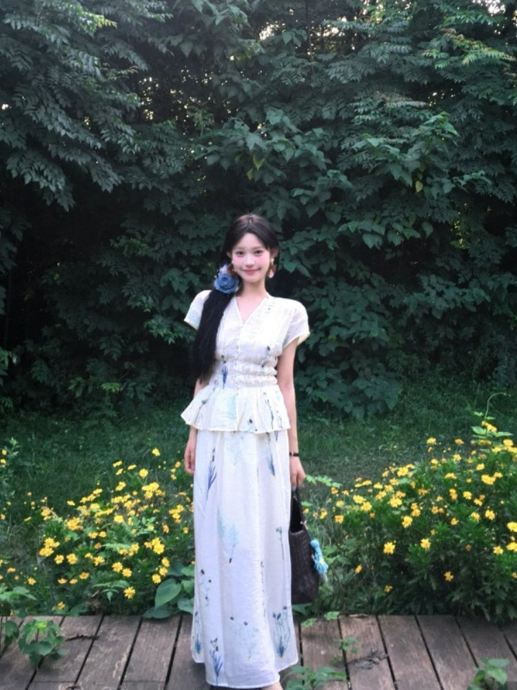 Sweet A-Line V Neck Floral Maxi Dress Rural Photoshoots 2-Piece Set Cinched-Waist Long Dress AP4029