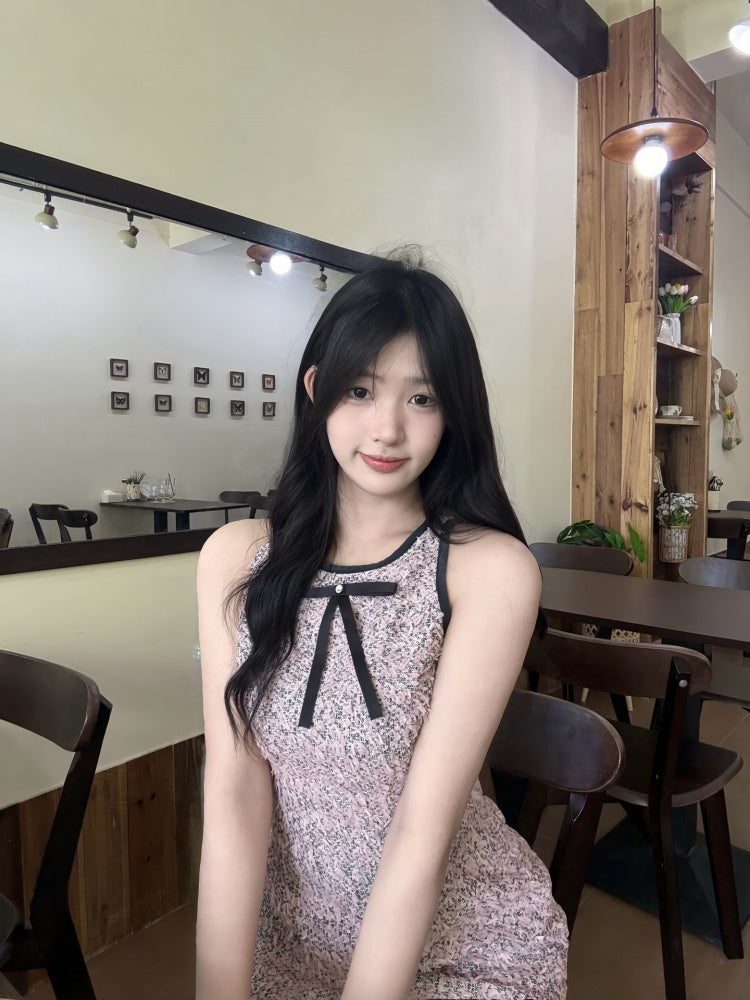 Vintage A-Line Jewel Neck Bow Accent Mini Skirt Charming Tweed Cinched-Waist Short Dress AP4031