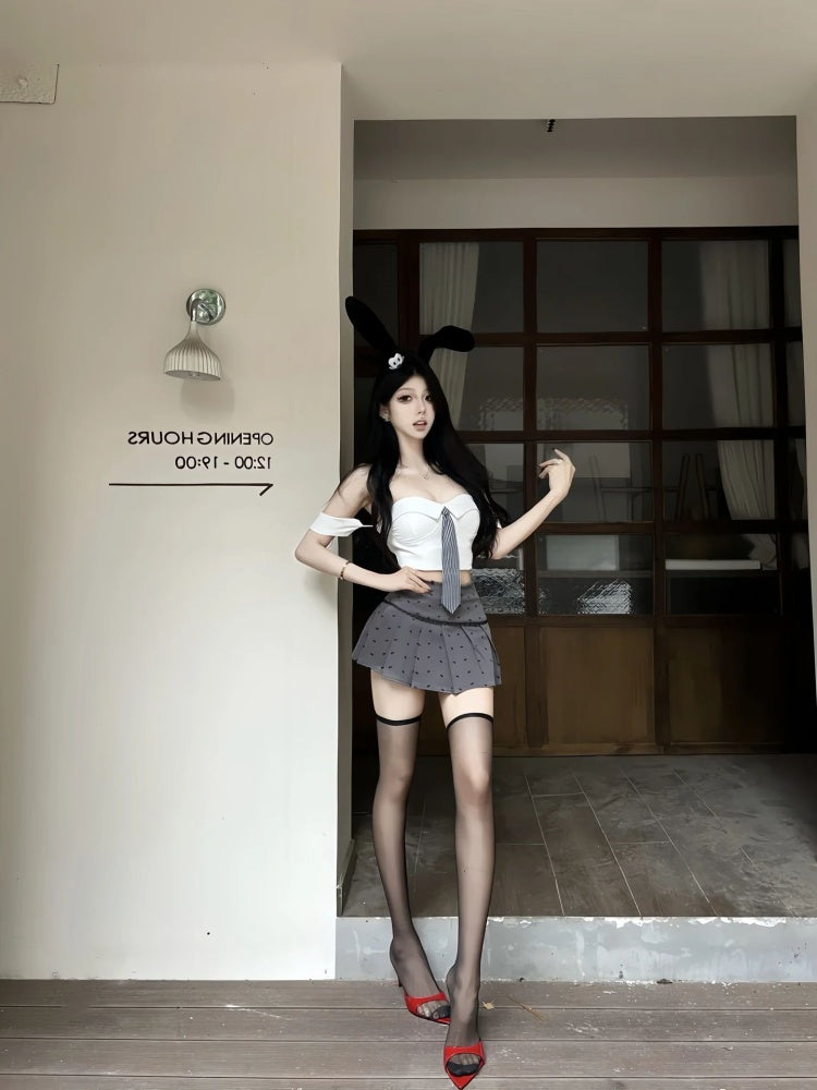 Glam Off-Shoulder Tie Bodice 2-Piece Set Mini Skirt Trendy A-Line Polka Dots Pleated Short Dress AP4037