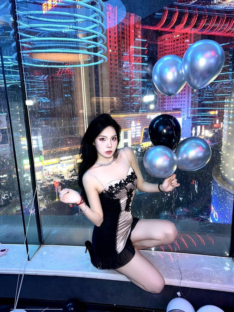 Novelty Spaghetti Strap Floral Ruffles Trim Mini Skirt Sexy Bodycon Birthday Party Short Dress AP4041