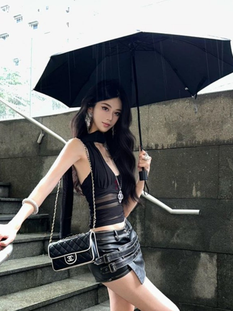 Unique 2-Piece Set Sheer Tulle Bodice Leather Mini Skirt Cool Asymmetric Hem Halter Short Dress AP4042