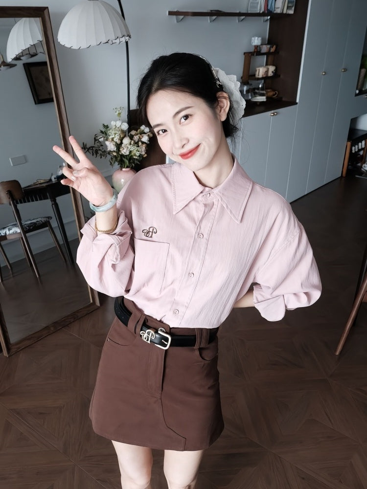 Wonderful Long Sleeve Lapel Neck Brown Mini Skirt Retro Pink Shirt 2-Piece Set Sheath Short Dress AP4013