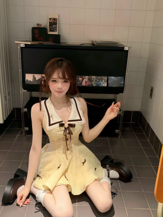 Dopamine Style A-Line V Neck Mini Skirt Cute Bows Lace Trim Cinched-Waist Short Dress AP4046