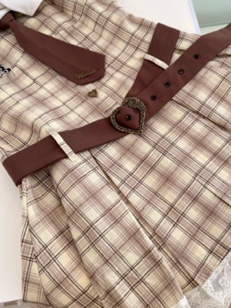 Adorable A-Line Plaid Jewel Neck Cinched-Waist Mini Skirt Modern Tie Lace Trim Short Dress AP4048