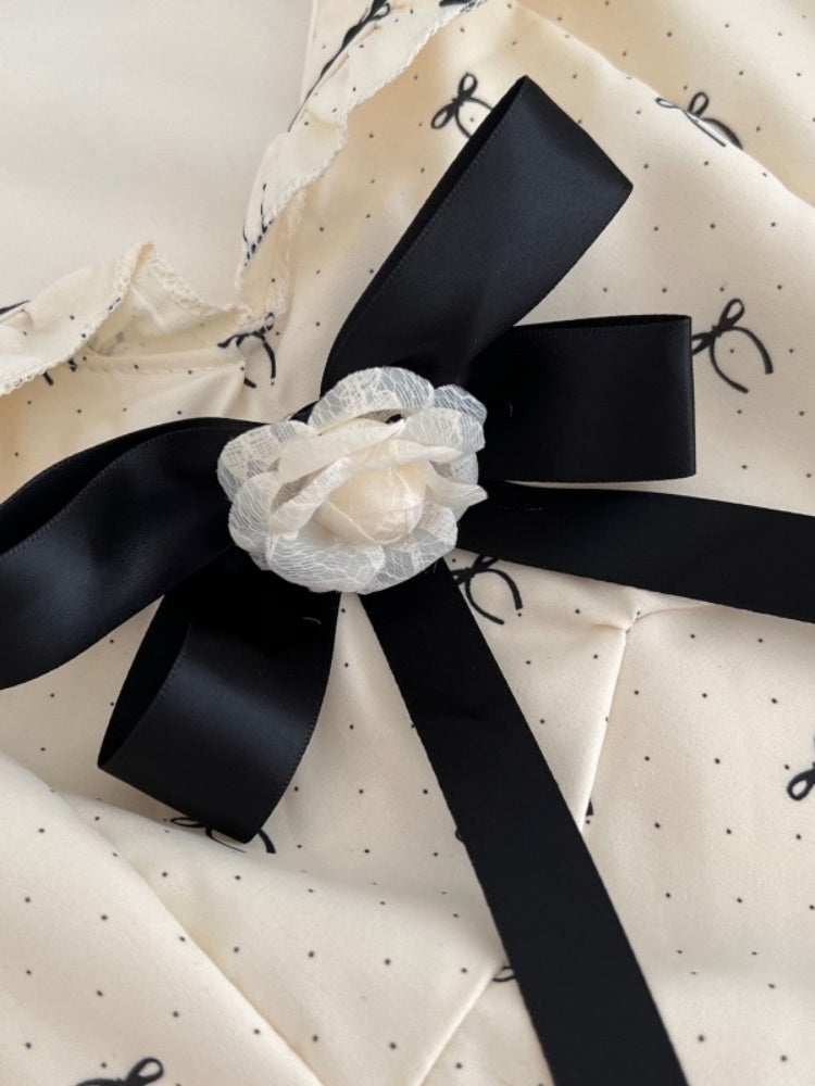 Playful A-Line Jewel Neck Cinched-Waist Mini Skirt Charming Ribbon Bow Floral Ruffles Short Dress AP4049