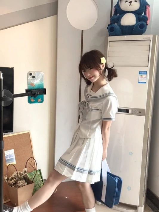 Fitted Sailor Collar A-Line Mini Skirt Charming Short Sleeve Bow Pleated Short Dress AP4051